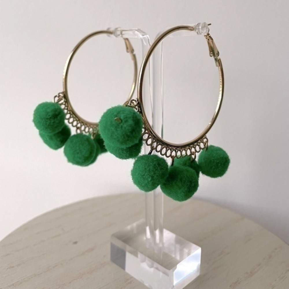 Gold Hoop Earrings w Green Fuzzy Pom Poms | New | Accessories